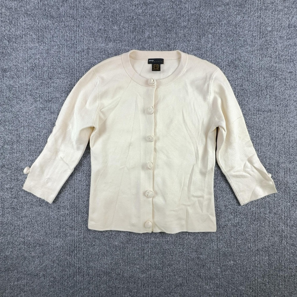 Grace Elements Cardigan Sweater Womens Petite P/P White Silk Blend Button Front